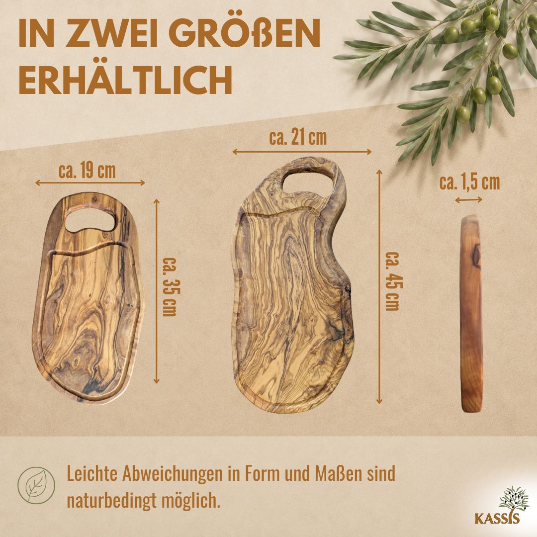 Schneidebrett aus Olivenholz mit Griff | Massives Küchenbrett zum Schneiden und Servieren