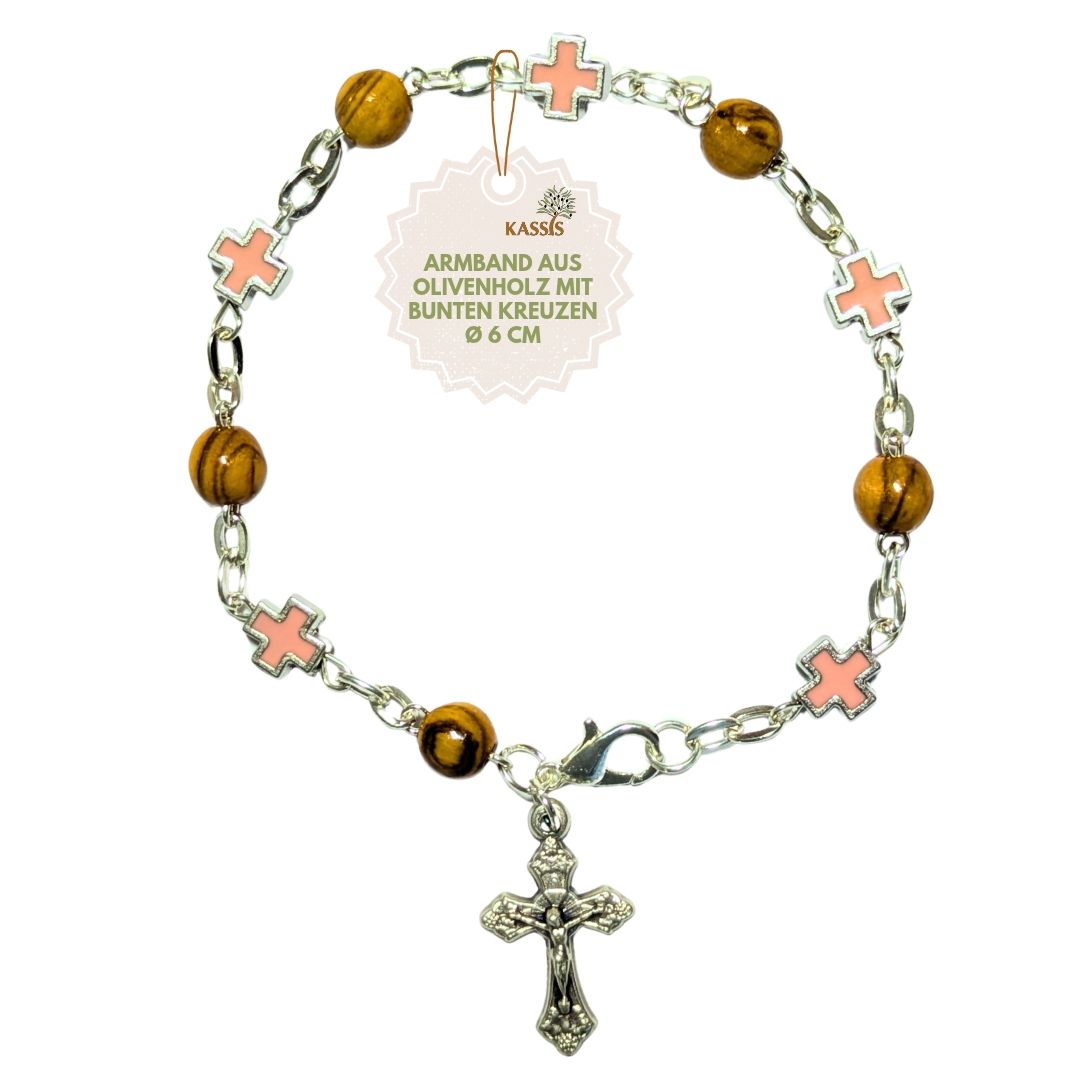 Olivenholz Armband mit farbigen Kreuzen | Handgefertigt in Bethlehem