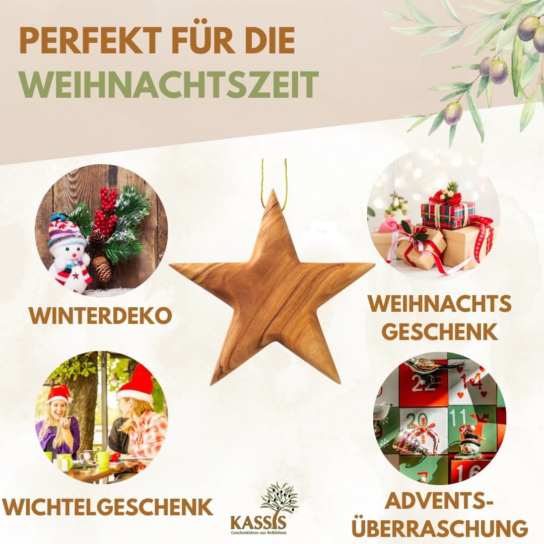 Personalized Olive Wood Star Pendant with Engraving, 8 cm | Tree Ornaments & Christmas Decorations