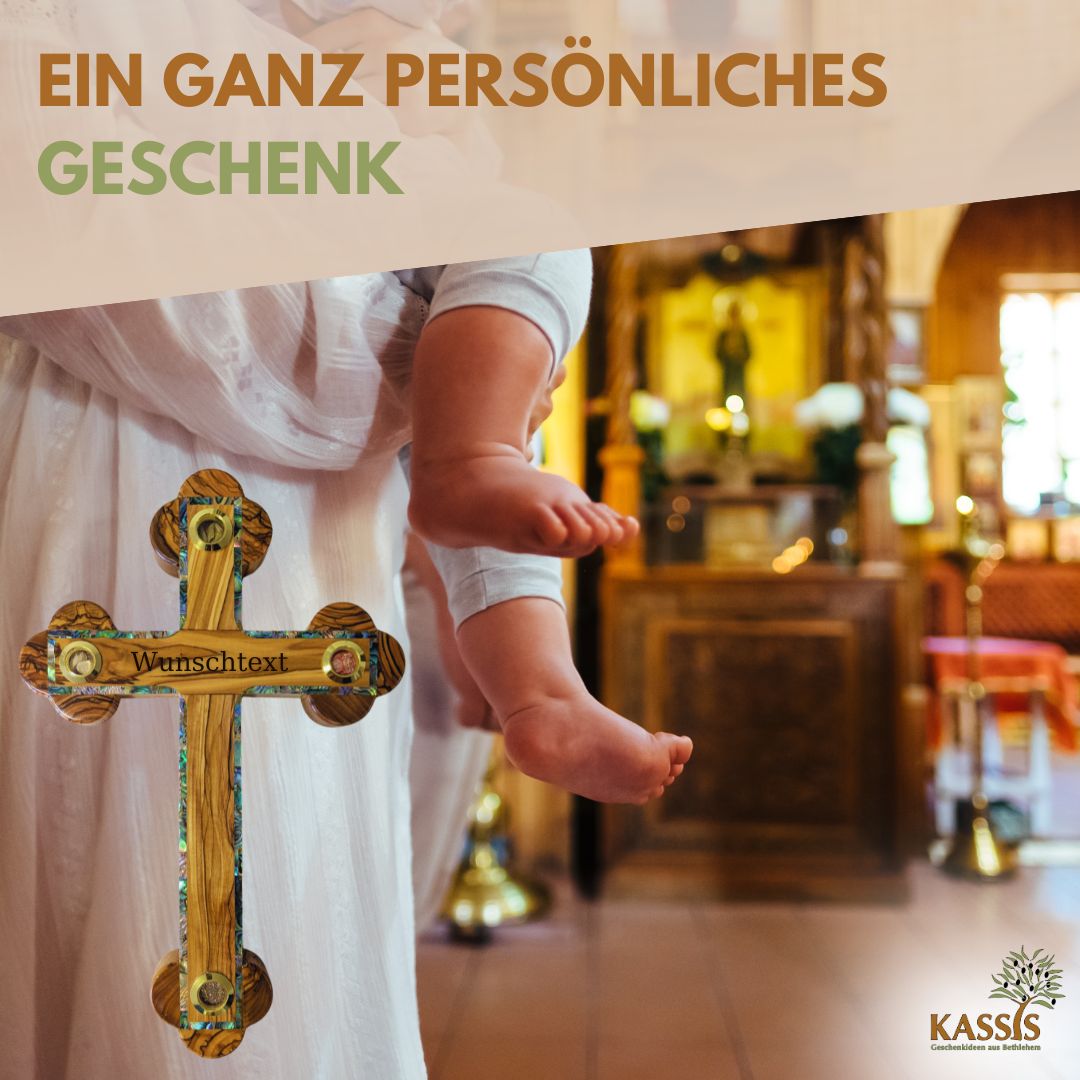 Olive Wood Cross with Mother-of-Pearl Edge & Inlays from Bethlehem 28 × 18.5 cm | Handmade from the Holy Land