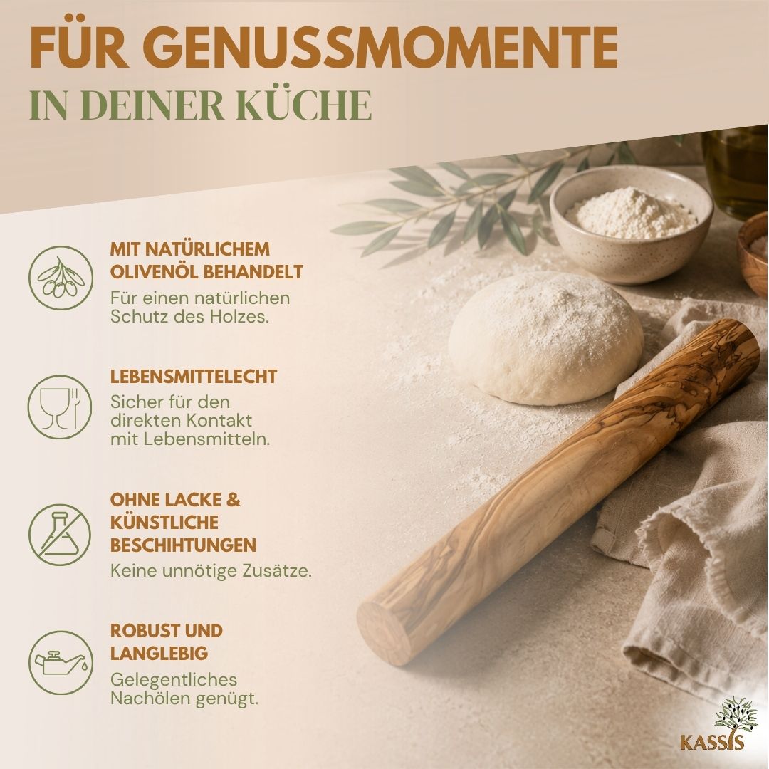 Teigrolle aus Olivenholz | Nudelholz ohne Griffe