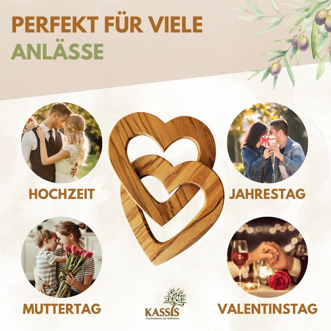 Personalized Interlocking Hearts Made of Olive Wood, 15 cm, with Engraving | Gift for a Wedding, Valentine's Day, or Anniversary