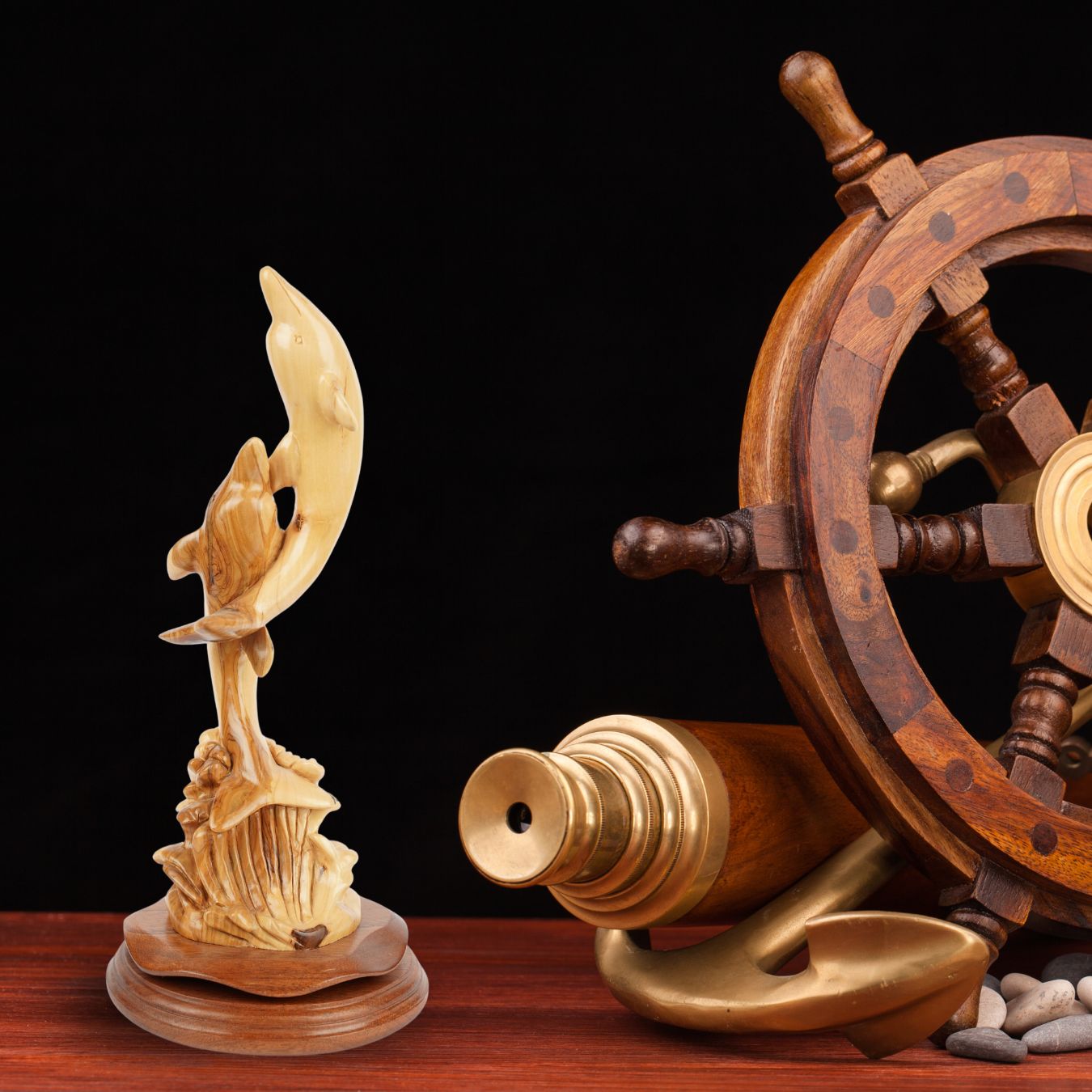 Two Olive Wood Dolphins – Hand-Carved Sculpture from Bethlehem (32 cm)