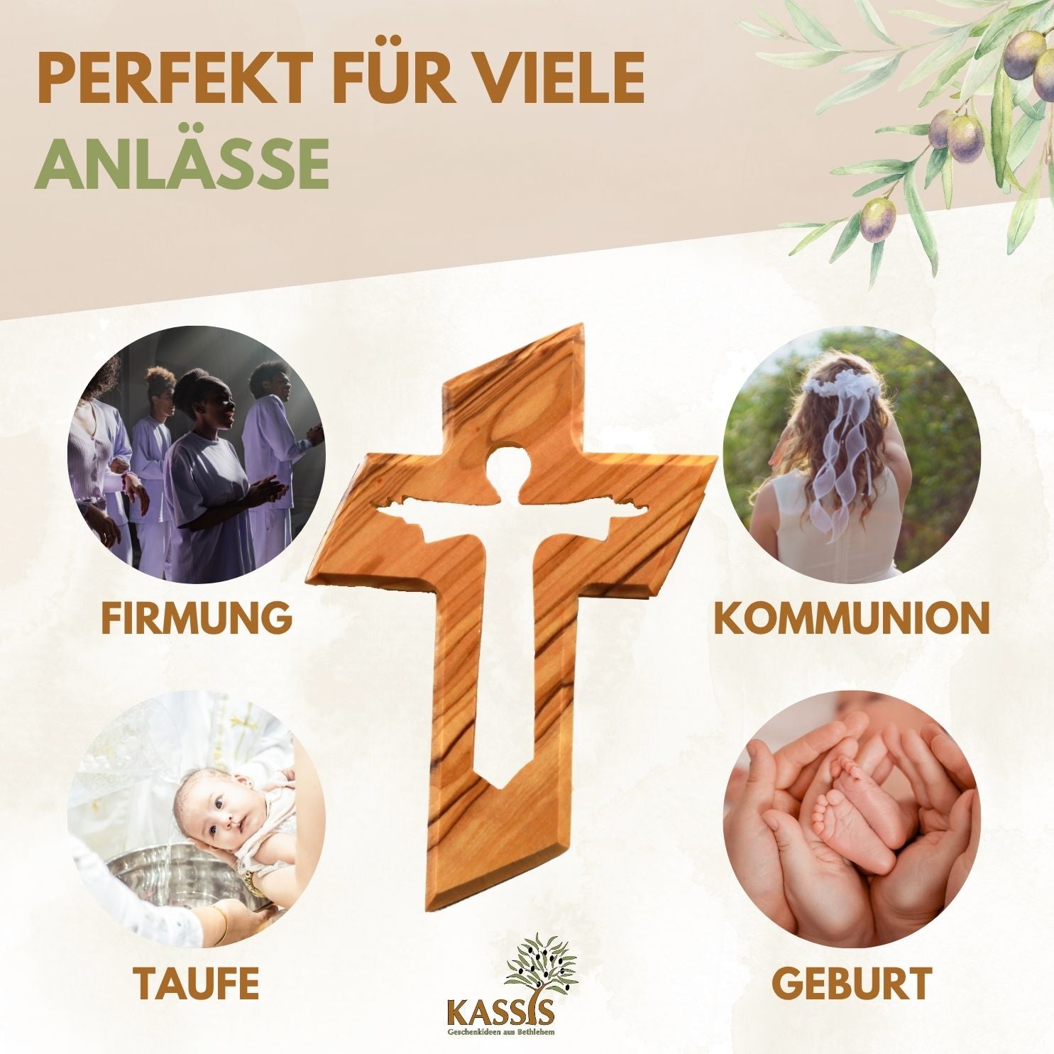 Olive Wood Cross with the Risen Jesus (13 cm) | Wall Cross as a Gift for Baptism, First Communion, and Confirmation