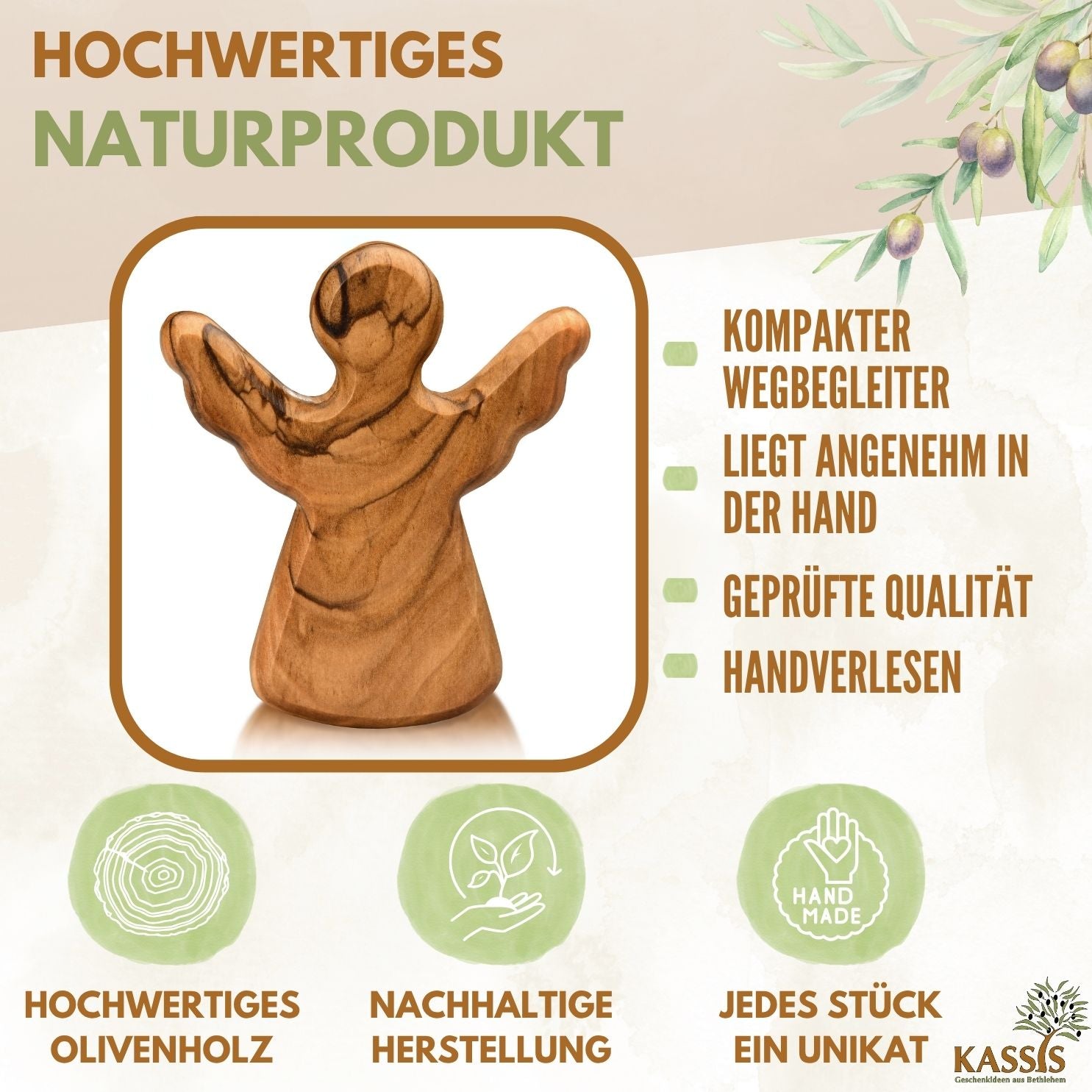 Guardian Angel as a Hand Flatterer Made of Olive Wood | A small good-luck charm as a gift for a baptism, birth, or First Communion