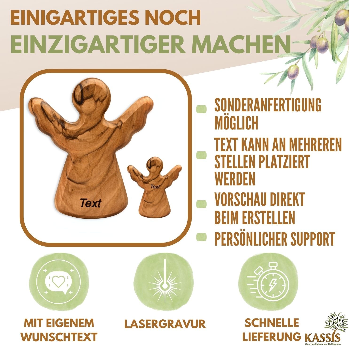 Guardian Angel as a Hand Flatterer Made of Olive Wood | A small good-luck charm as a gift for a baptism, birth, or First Communion