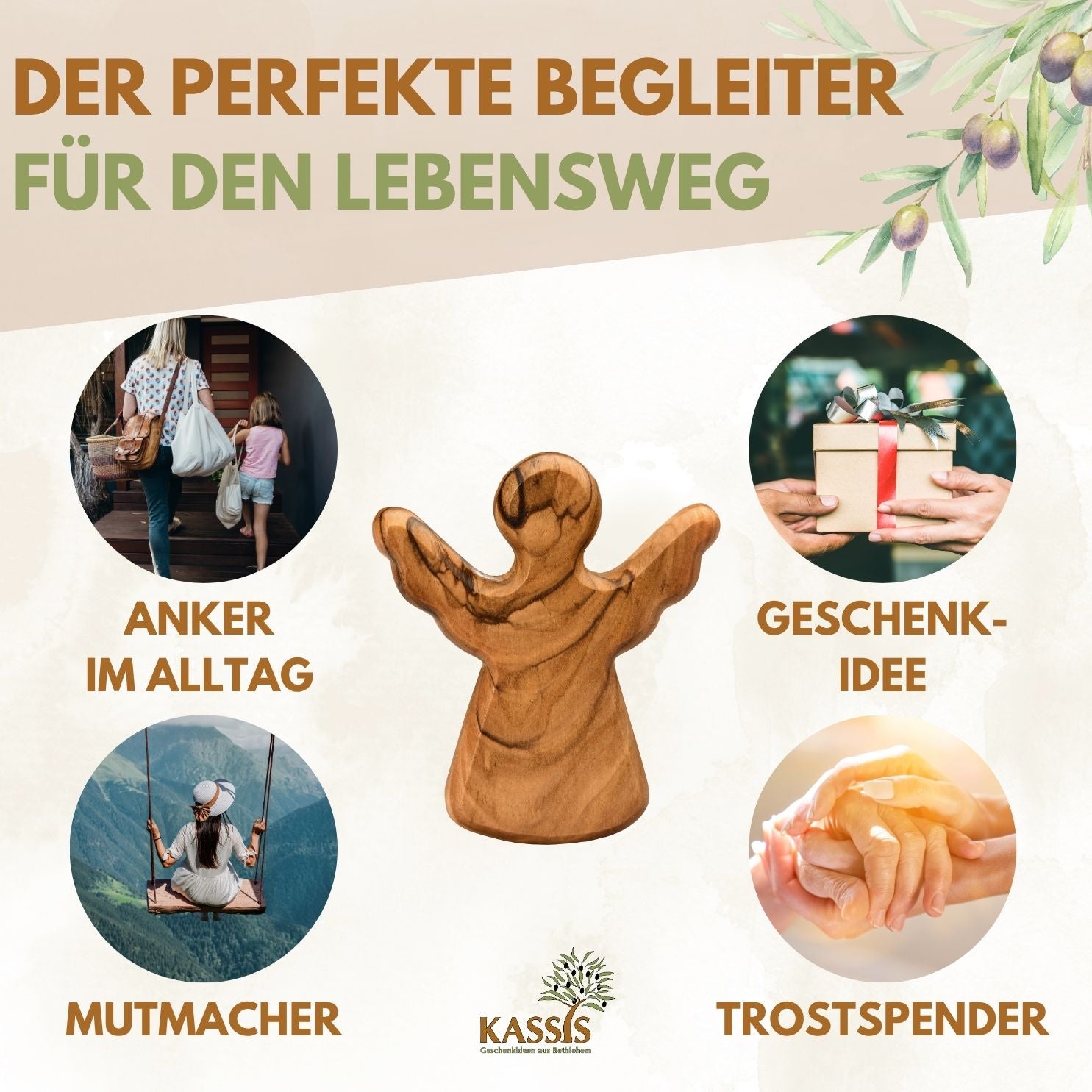 Guardian Angel as a Hand Flatterer Made of Olive Wood | A small good-luck charm as a gift for a baptism, birth, or First Communion