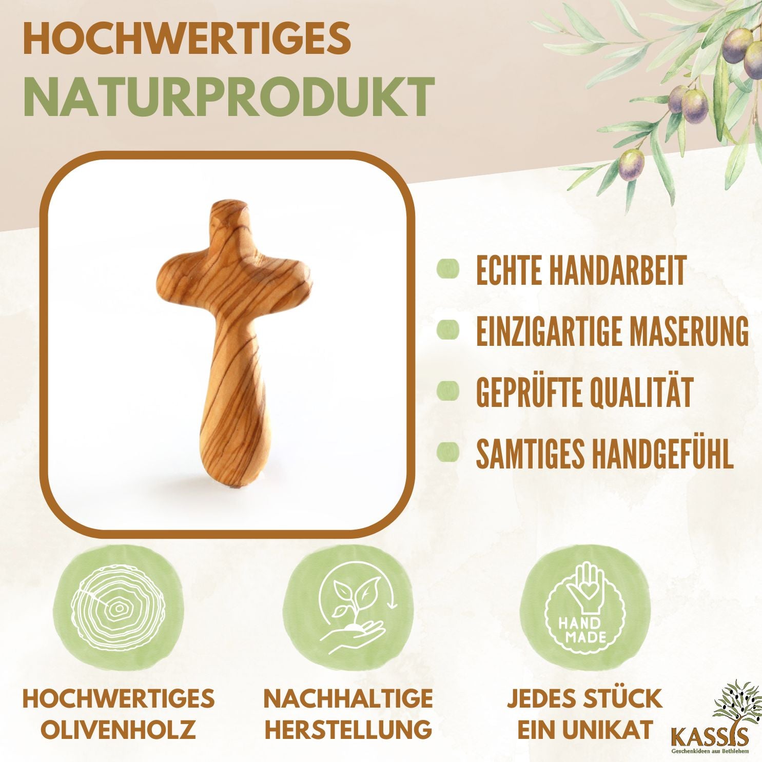 Olive Wood Cross Palm Stone | Small Hand Cross as a Good Luck Charm & Gift for a Baptism, First Communion, or as a Token of Comfort