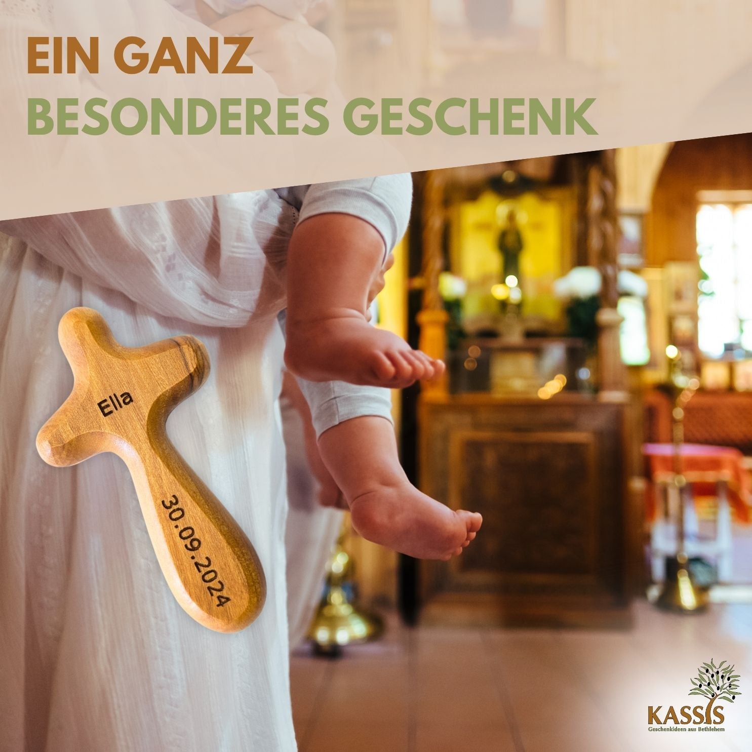 Olive Wood Cross Palm Stone | Small Hand Cross as a Good Luck Charm & Gift for a Baptism, First Communion, or as a Token of Comfort