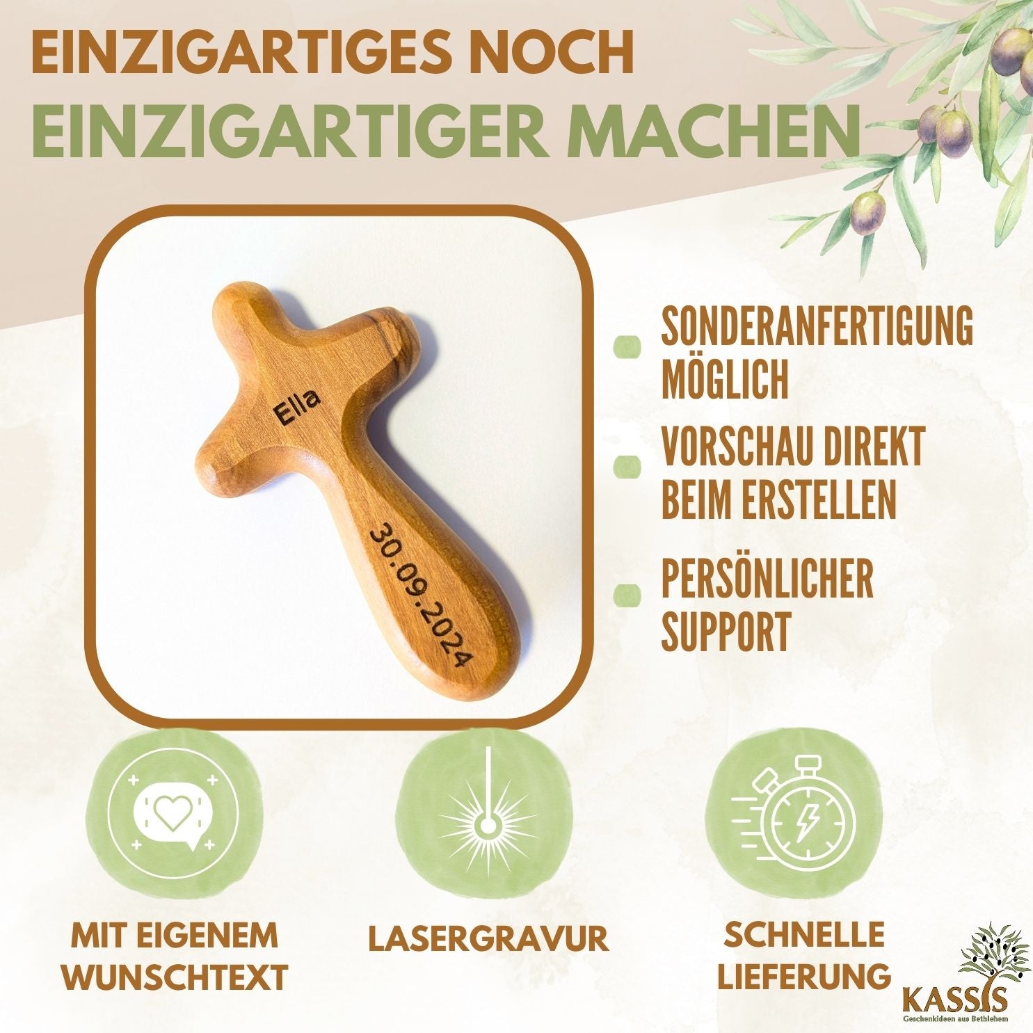 Olive Wood Cross Palm Stone | Small Hand Cross as a Good Luck Charm & Gift for a Baptism, First Communion, or as a Token of Comfort