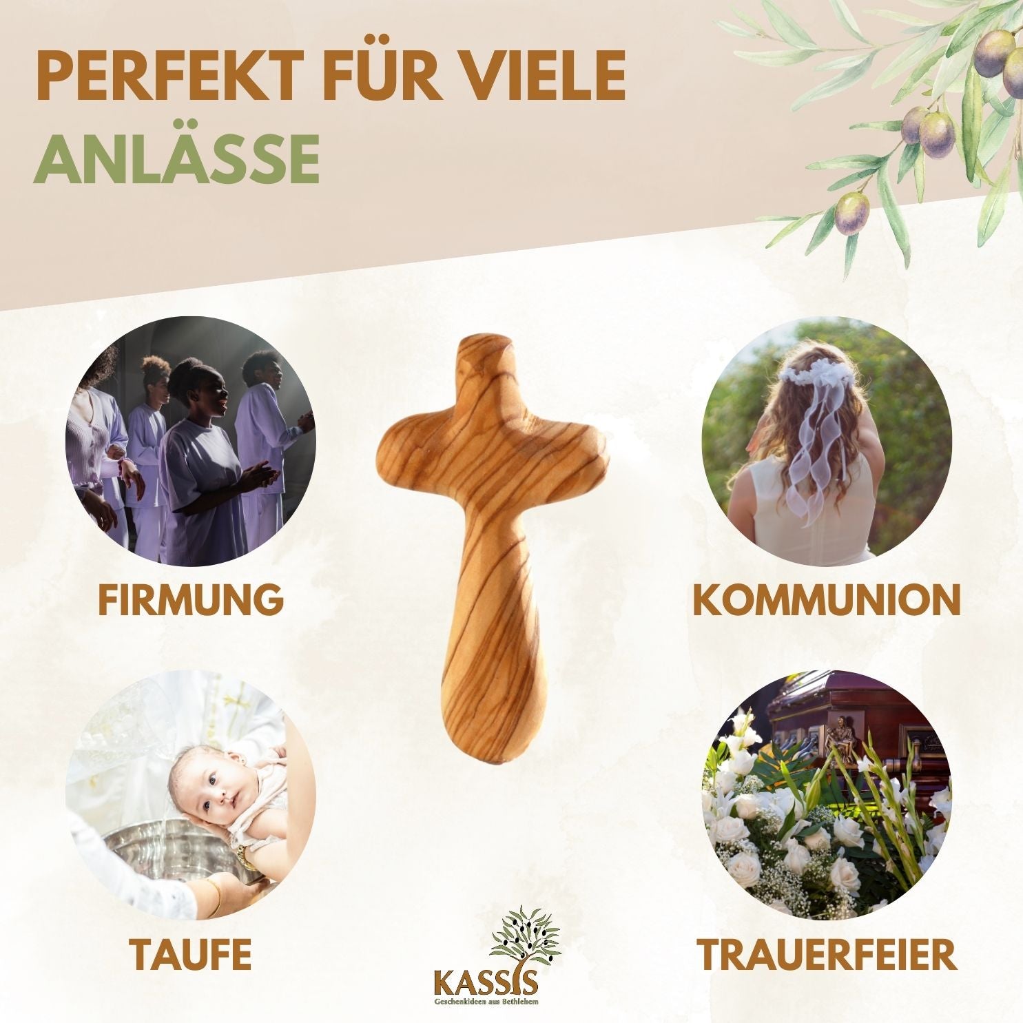 Olive Wood Cross Palm Stone | Small Hand Cross as a Good Luck Charm & Gift for a Baptism, First Communion, or as a Token of Comfort
