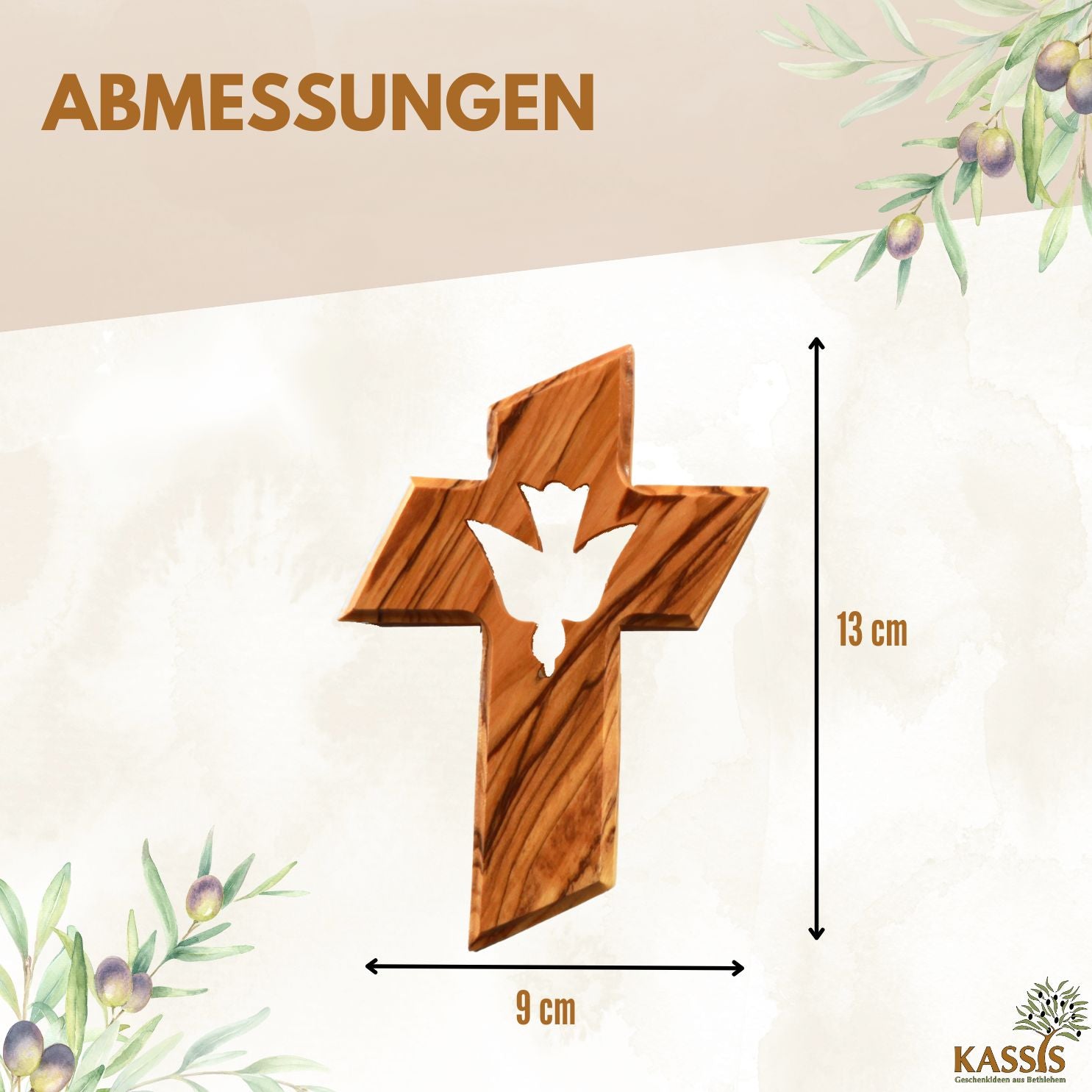 Olive Wood Cross with the Holy Spirit (13 cm) | Wall Cross as a Gift for Baptism, First Communion, and Confirmation