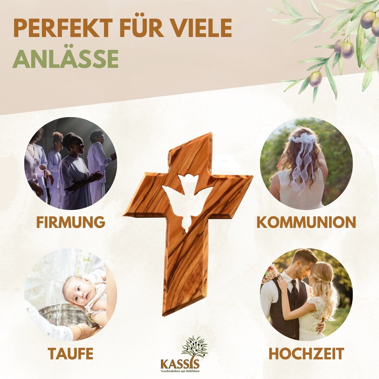 Olive Wood Cross with the Holy Spirit (13 cm) | Wall Cross as a Gift for Baptism, First Communion, and Confirmation