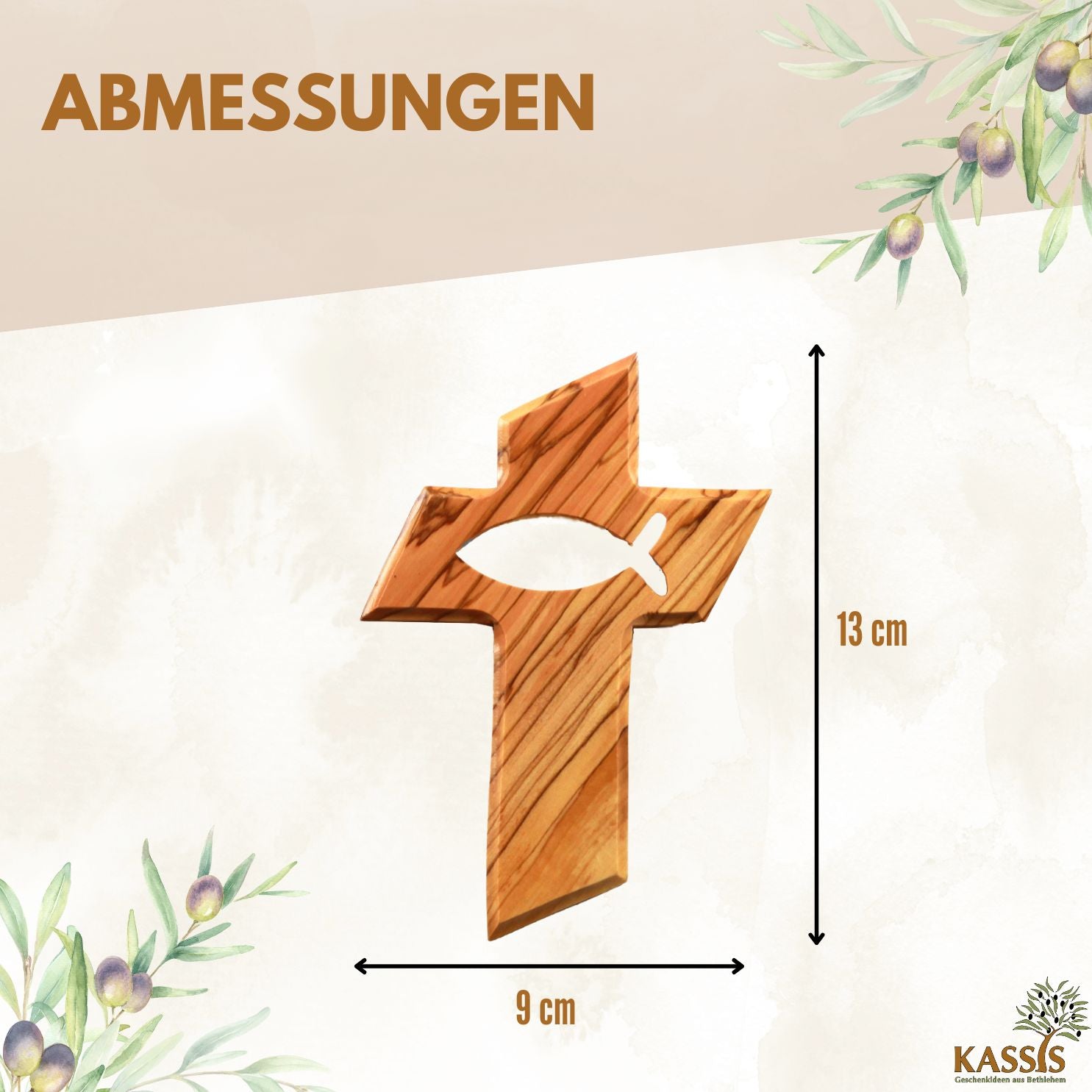 Olive Wood Cross with Fish (13 cm) | Wall Cross as a Gift for a Baptism, First Communion, or Birth