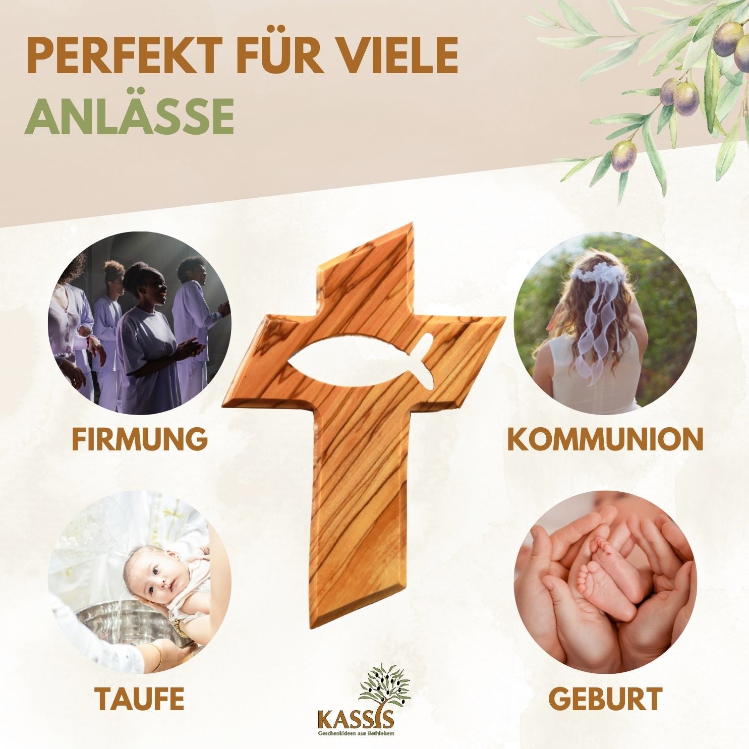 Olive Wood Cross with Fish (13 cm) | Wall Cross as a Gift for a Baptism, First Communion, or Birth