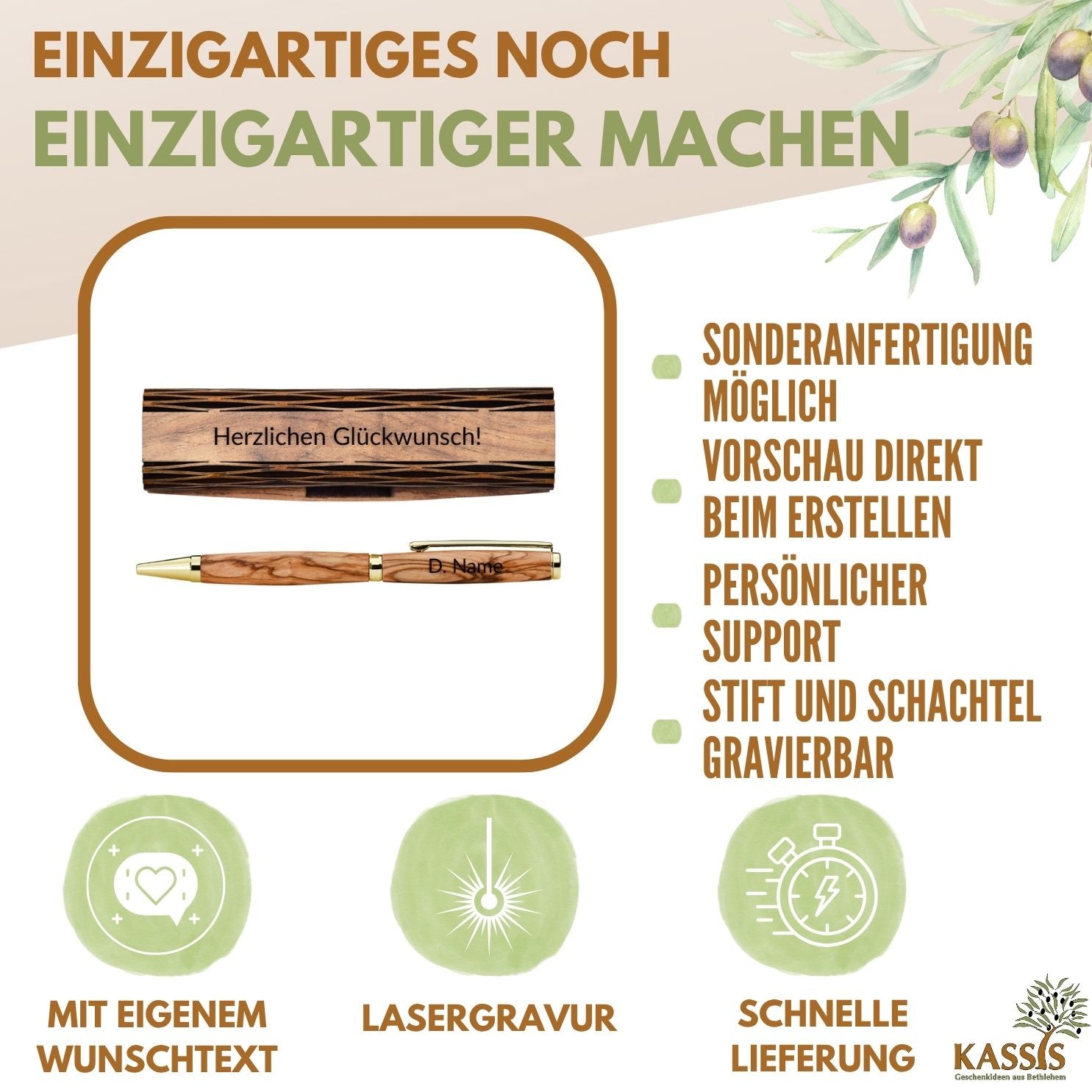 Olive Wood Ballpoint Pen in a Wooden Box | Elegant Writing Set as a Gift for the Office, Birthdays, and Graduation