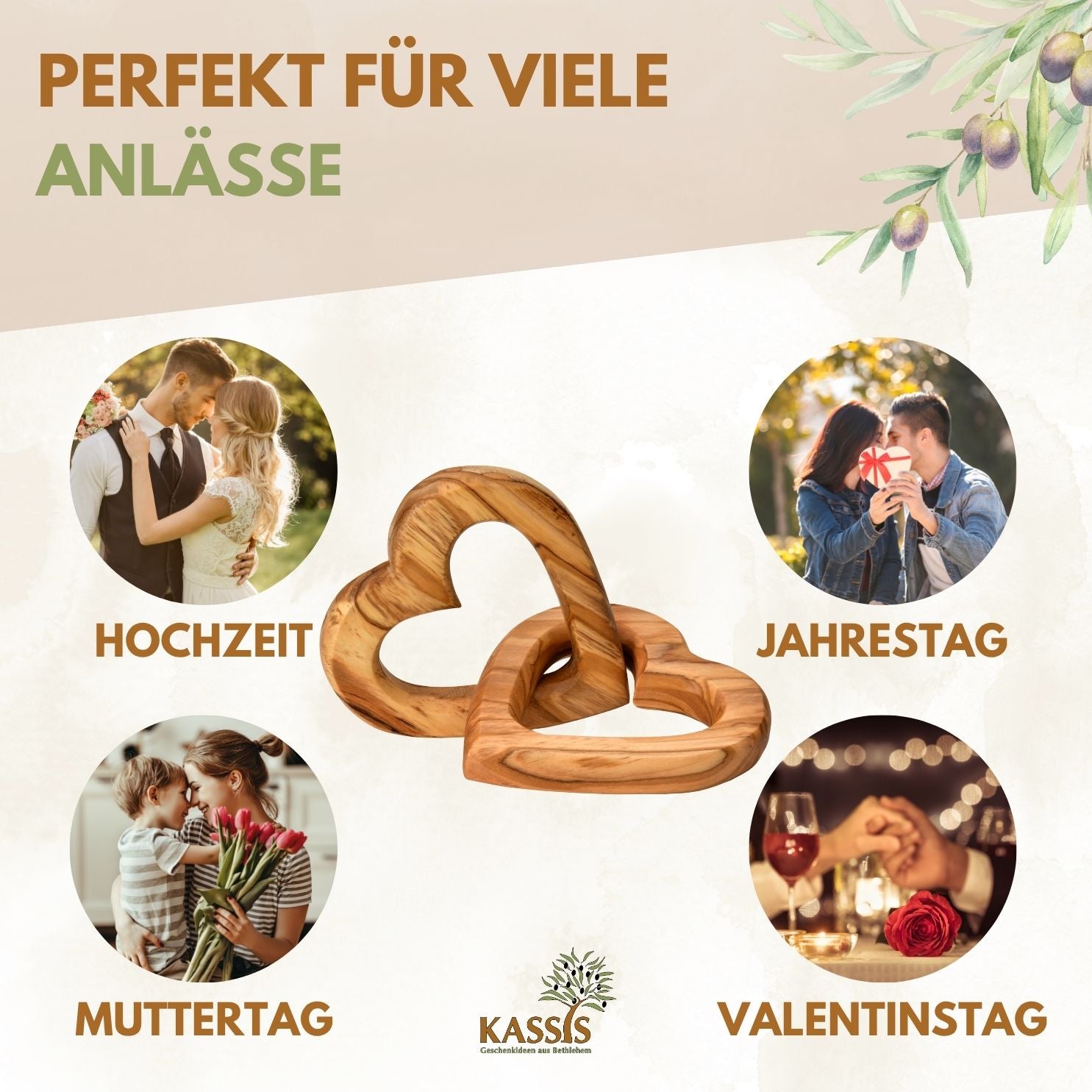 Olive Wood Connected Hearts Beautiful Gift for Wedding Anniversary Valentine's Day