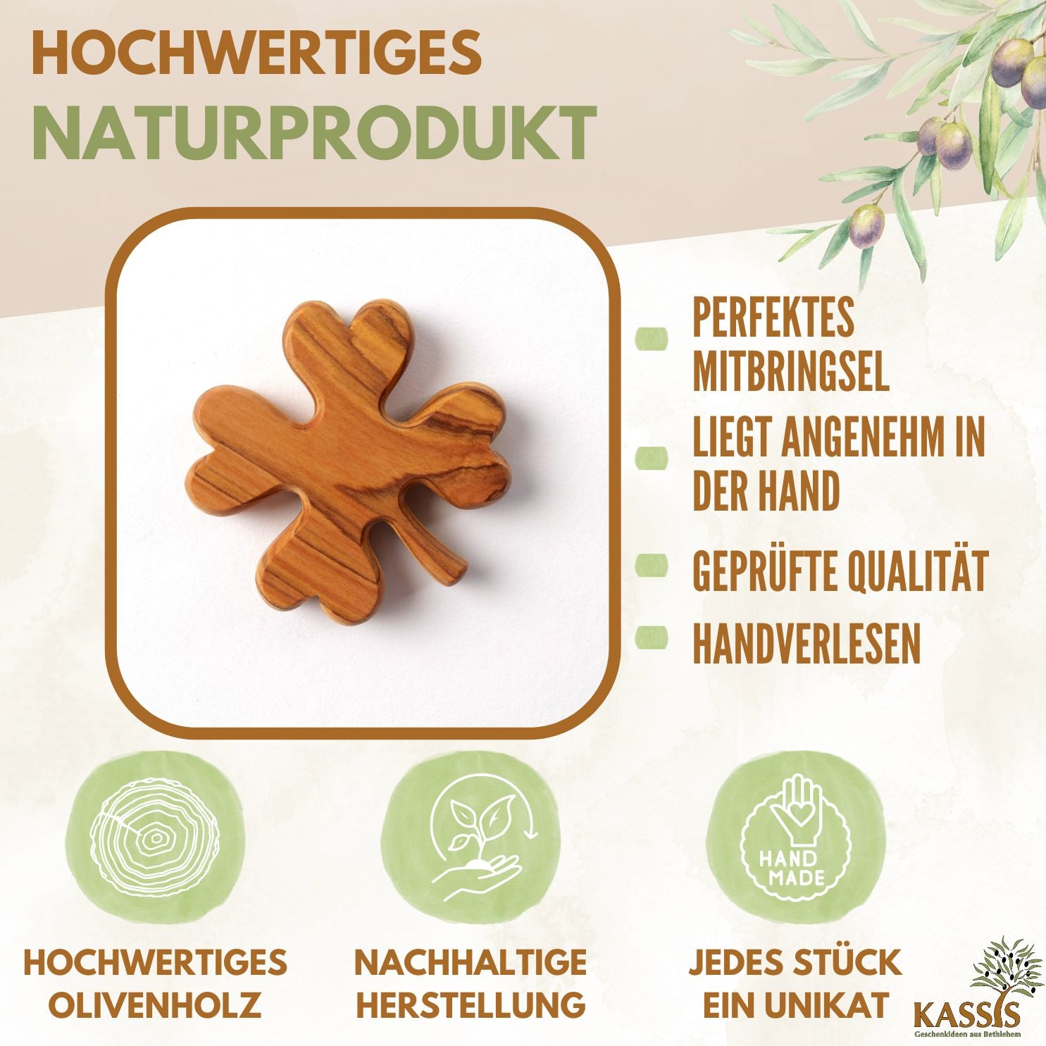 Olive Wood Clover-Shaped Palm Stone | Good Luck Charm as a Gift for Birthdays, Exams, and New Beginnings