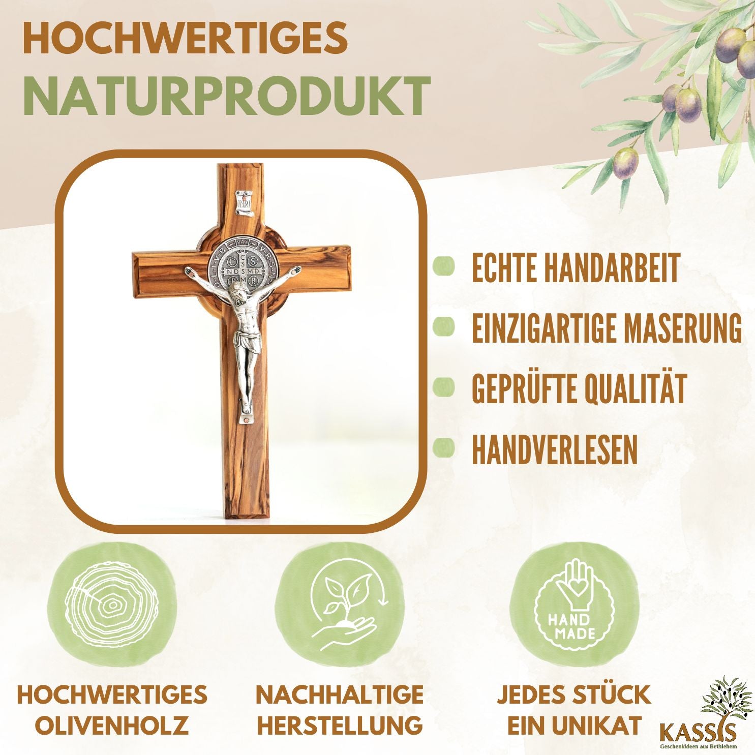 St. Benedict Cross Made of Olive Wood | Protective Cross as a Wall Cross & Gift for Baptism, First Communion, or Confirmation