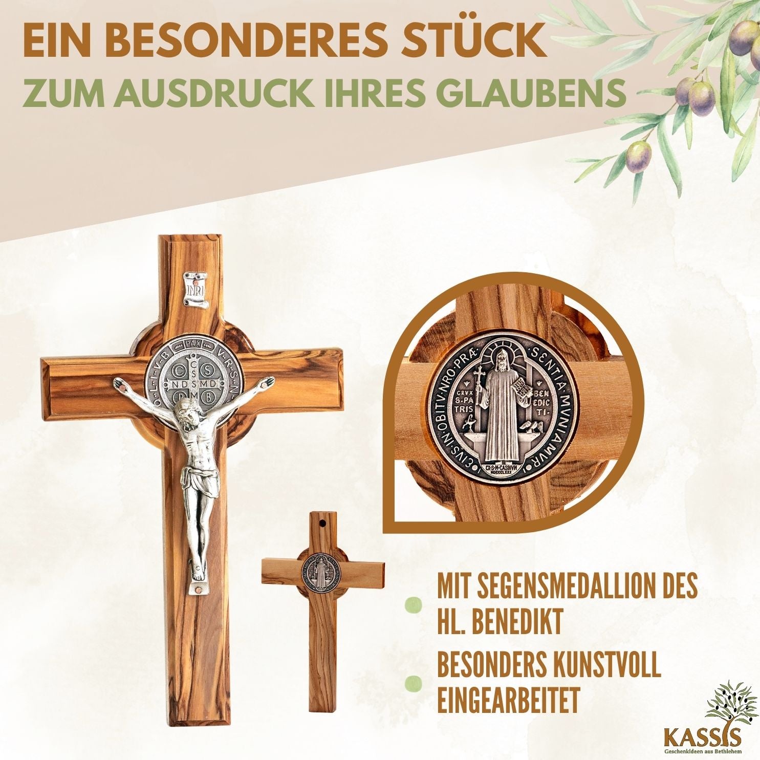 St. Benedict Cross Made of Olive Wood | Protective Cross as a Wall Cross & Gift for Baptism, First Communion, or Confirmation