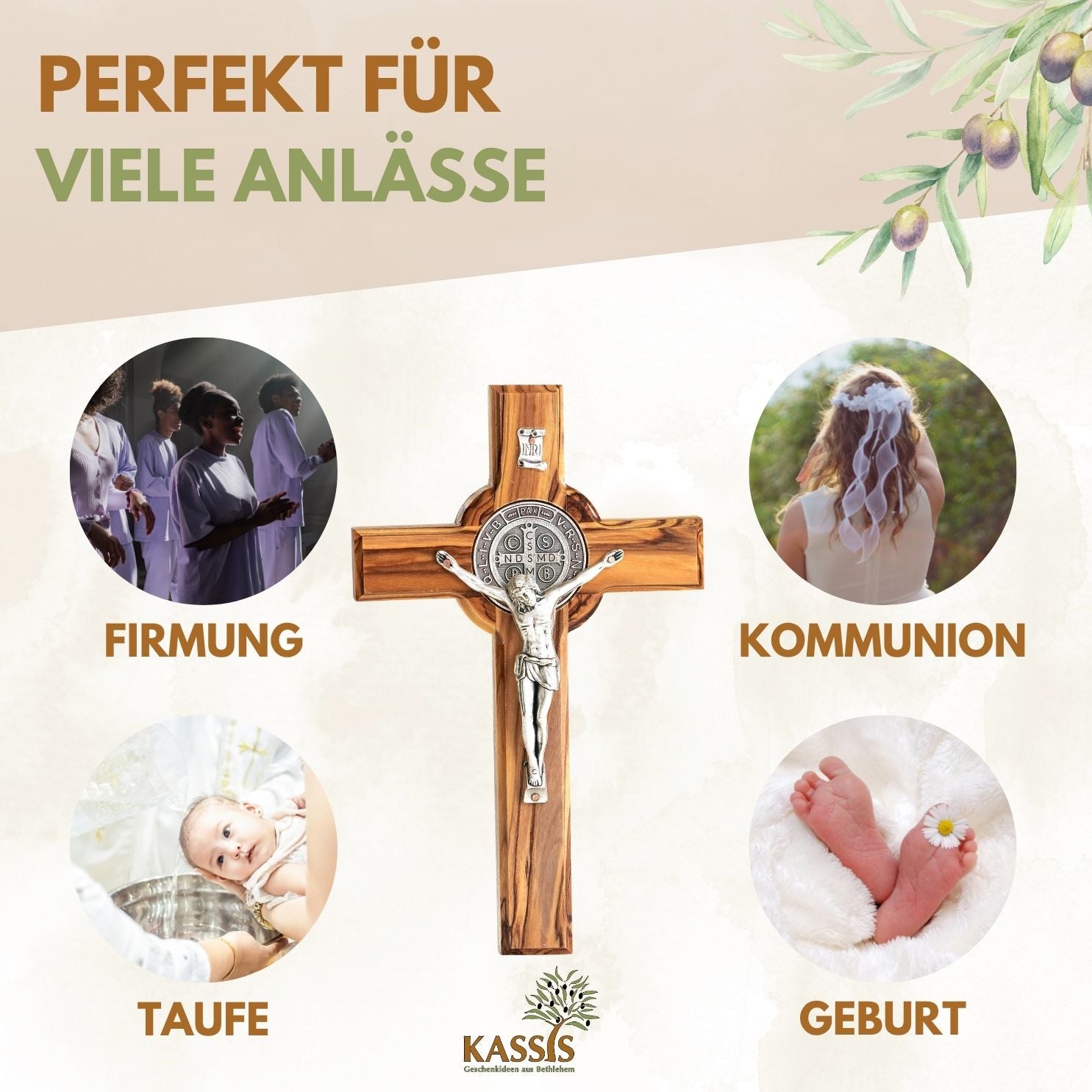 St. Benedict Cross Made of Olive Wood | Protective Cross as a Wall Cross & Gift for Baptism, First Communion, or Confirmation