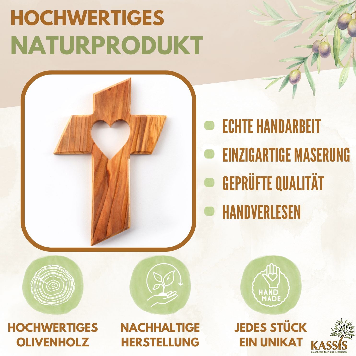 Olive Wood Cross with Heart (13 cm) | Wall Cross as a Gift for a Baptism, First Communion, or
