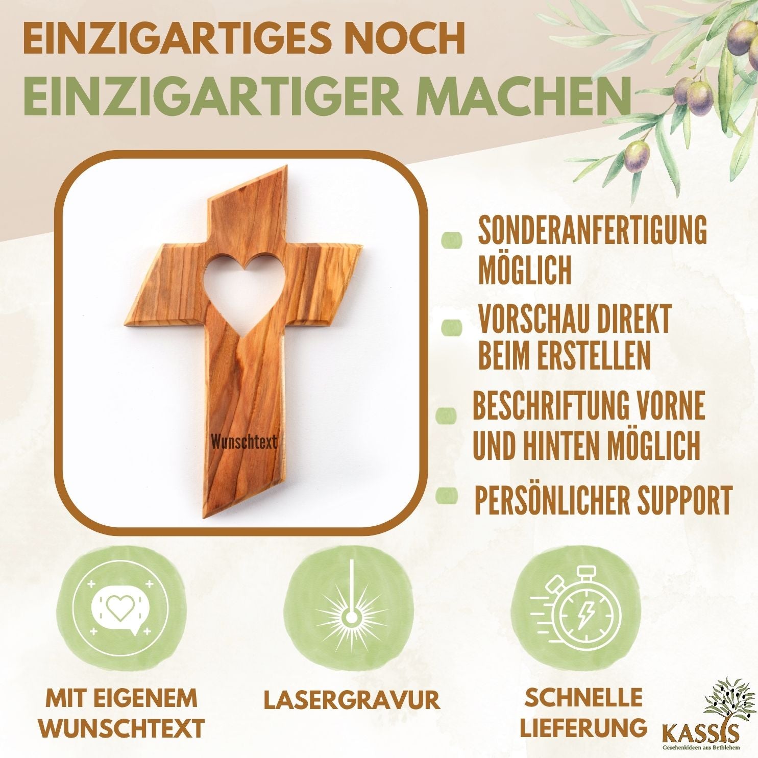 Olive Wood Cross with Heart (13 cm) | Wall Cross as a Gift for a Baptism, First Communion, or