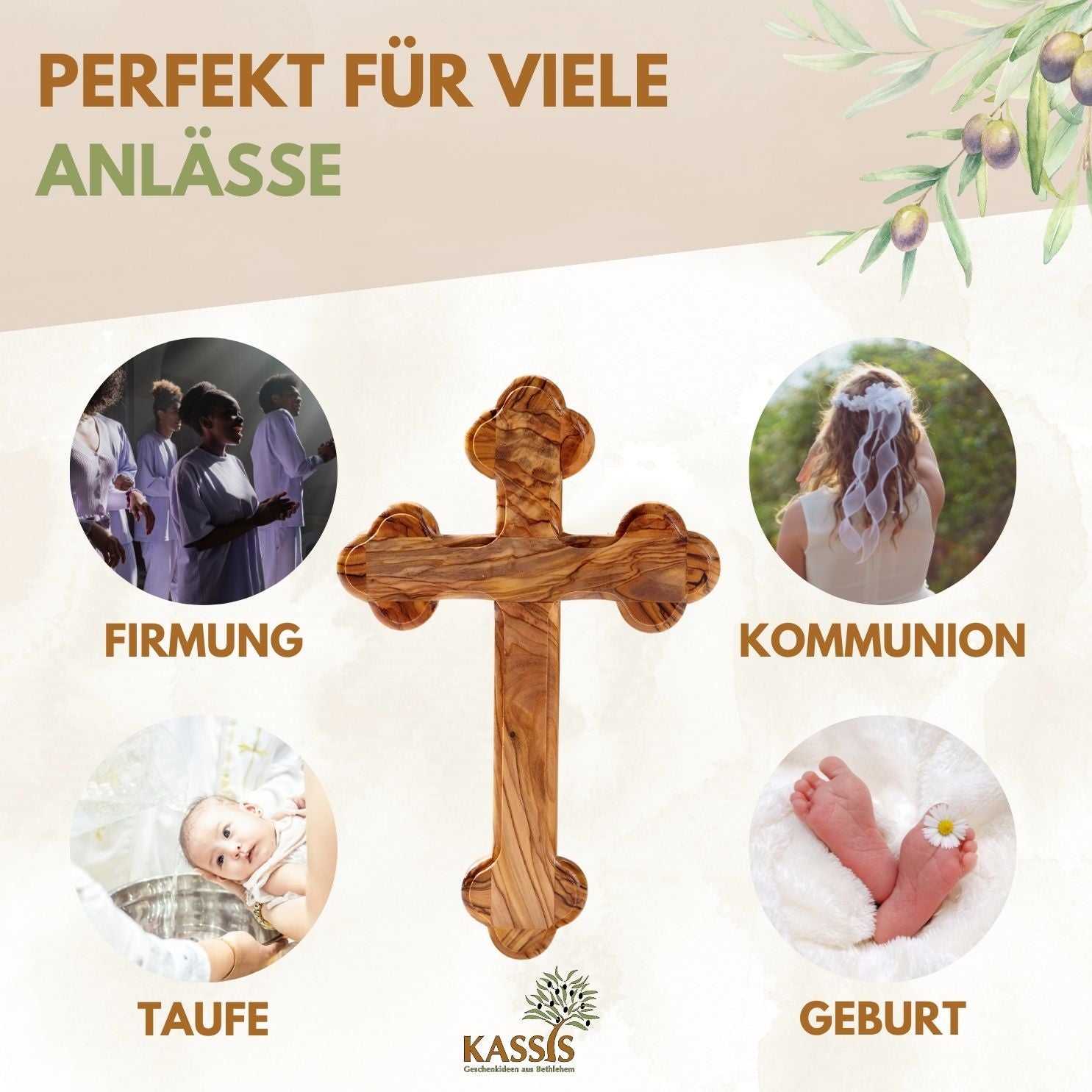Personalized Cross with Rounded Edges Made of Olive Wood with Engraving | Baptism Cross Gift for Baptism, First Communion, Confirmation