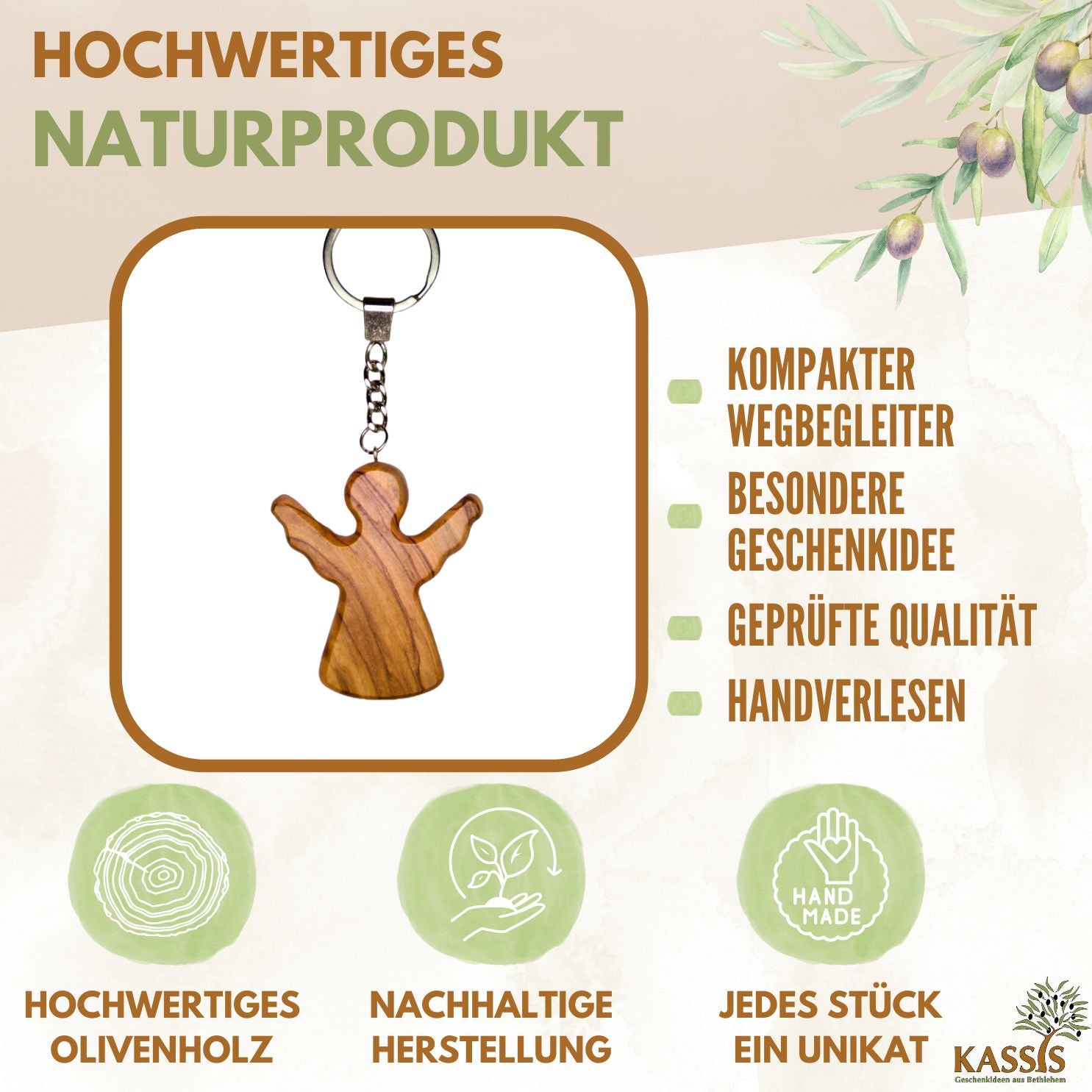 Schutzengel Schlüsselanhänger Handschmeichler aus Olivenholz | Glücksbringer Geschenk Taufe, Kommunion, Geburtstag