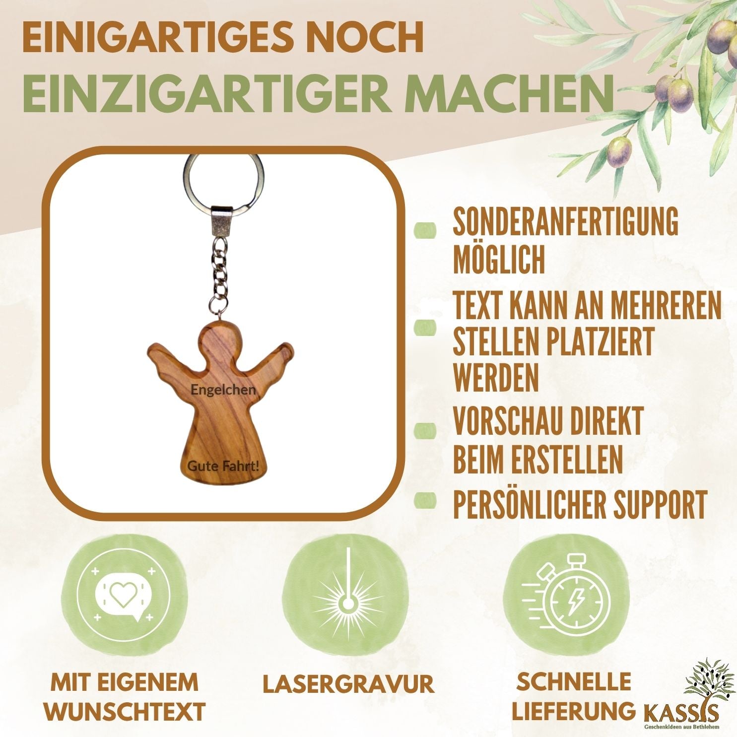 Schutzengel Schlüsselanhänger Handschmeichler aus Olivenholz | Glücksbringer Geschenk Taufe, Kommunion, Geburtstag