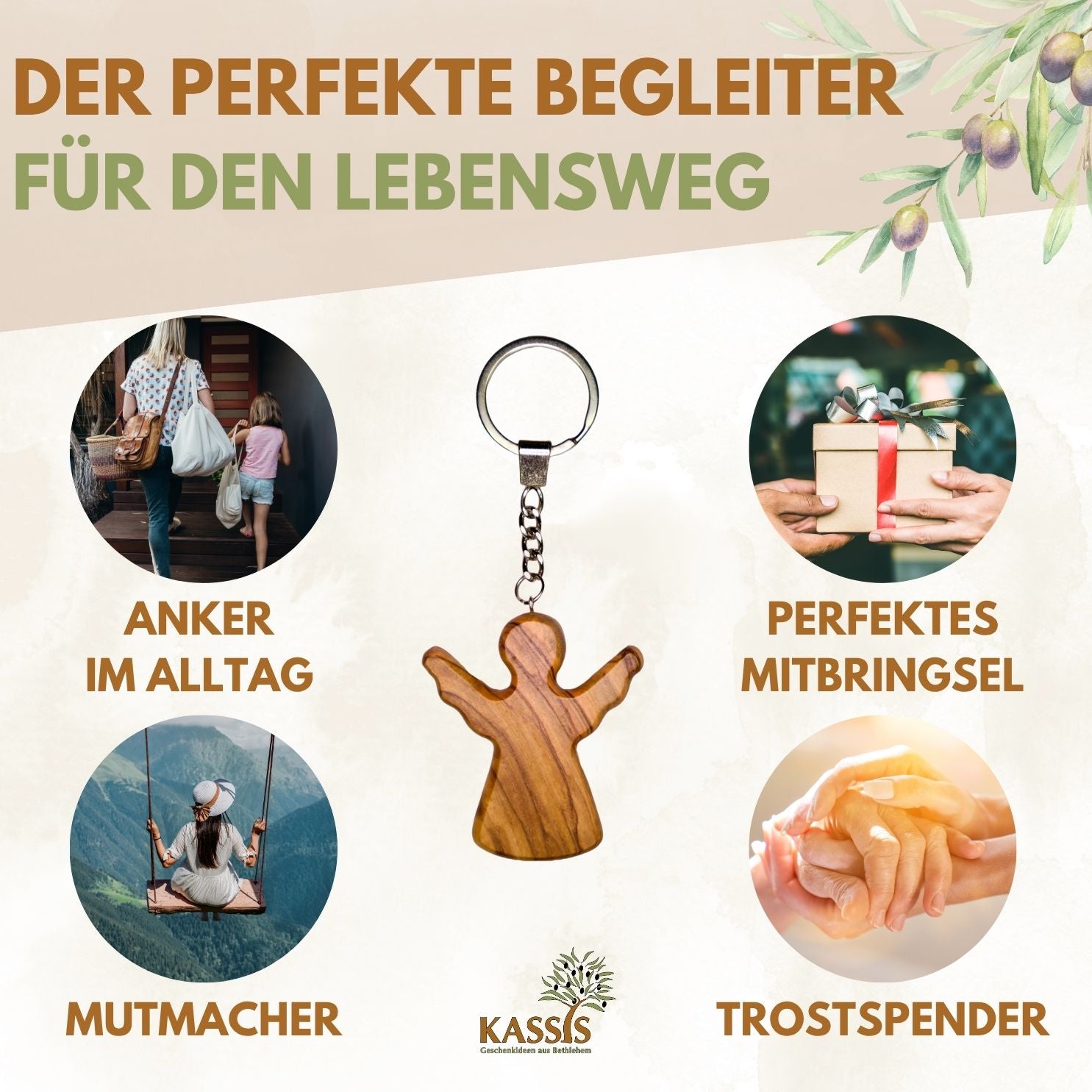 Schutzengel Schlüsselanhänger Handschmeichler aus Olivenholz | Glücksbringer Geschenk Taufe, Kommunion, Geburtstag