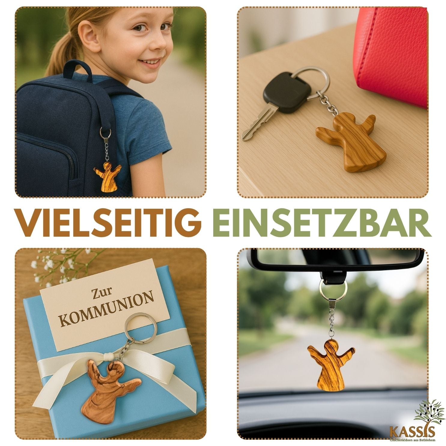 Schutzengel Schlüsselanhänger Handschmeichler aus Olivenholz | Glücksbringer Geschenk Taufe, Kommunion, Geburtstag