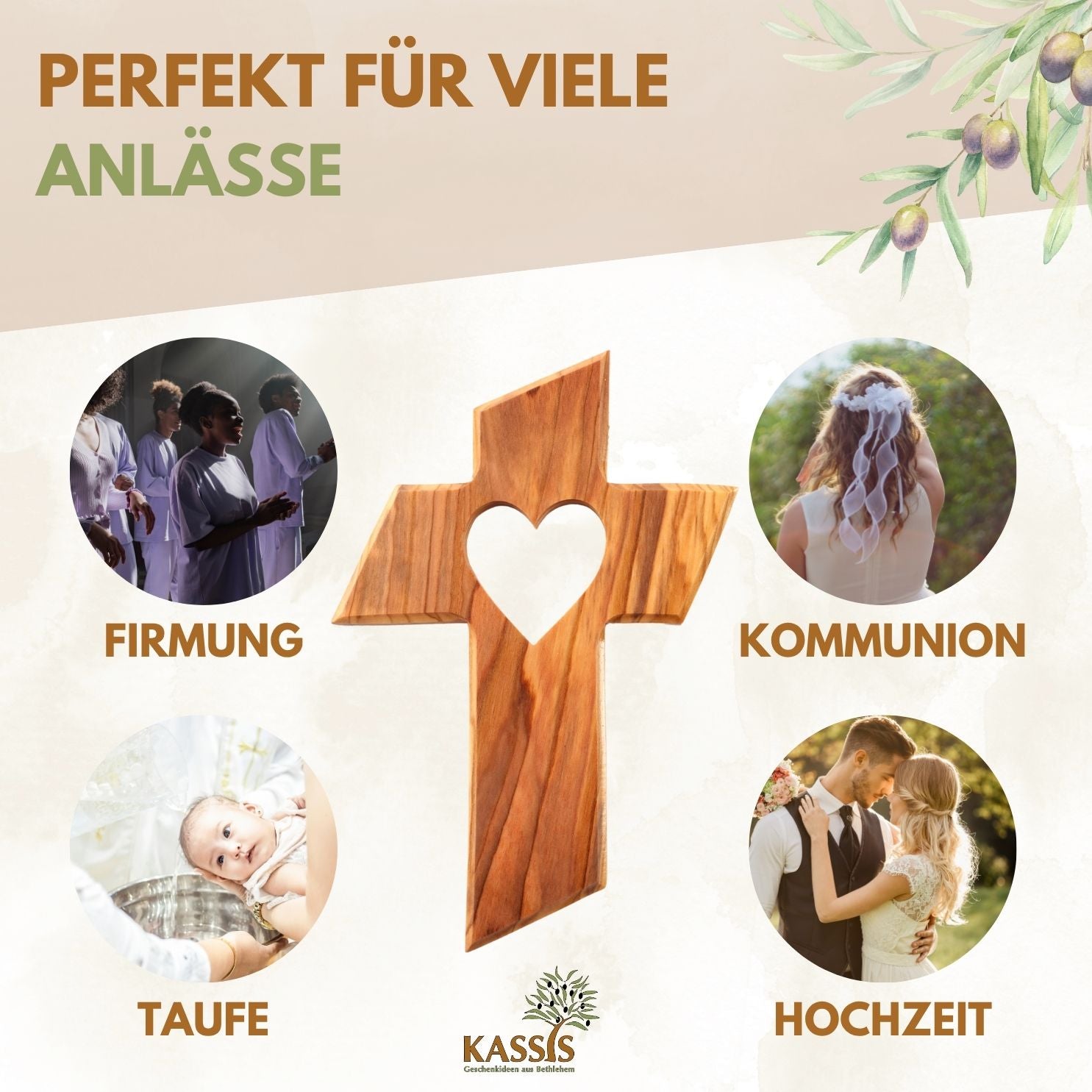 Personalized Cross with Heart, Made of Olive Wood, with Engraving | Baptism Cross Gift for Baptism, First Communion, Confirmation