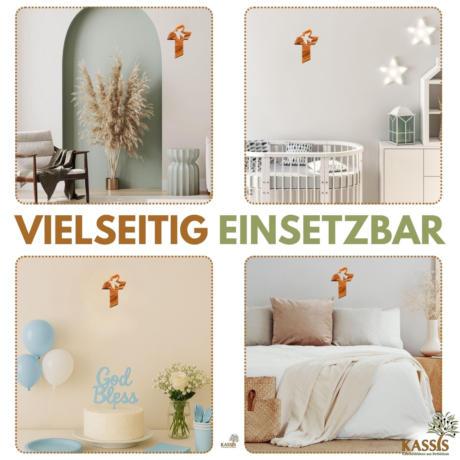 Vier Innenräume: Wohnzimmer mit Pampasgras, Babyzimmer mit Sterne & Stubenbett, Wand mit blauen Ballons & God Bless Schild, Schlafzimmer mit neutraler Bettwäsche. Perfekt als handgefertigtes Olivenholz-Taufgeschenk: Personalisiertes Kreuz mit Friedenstaube.