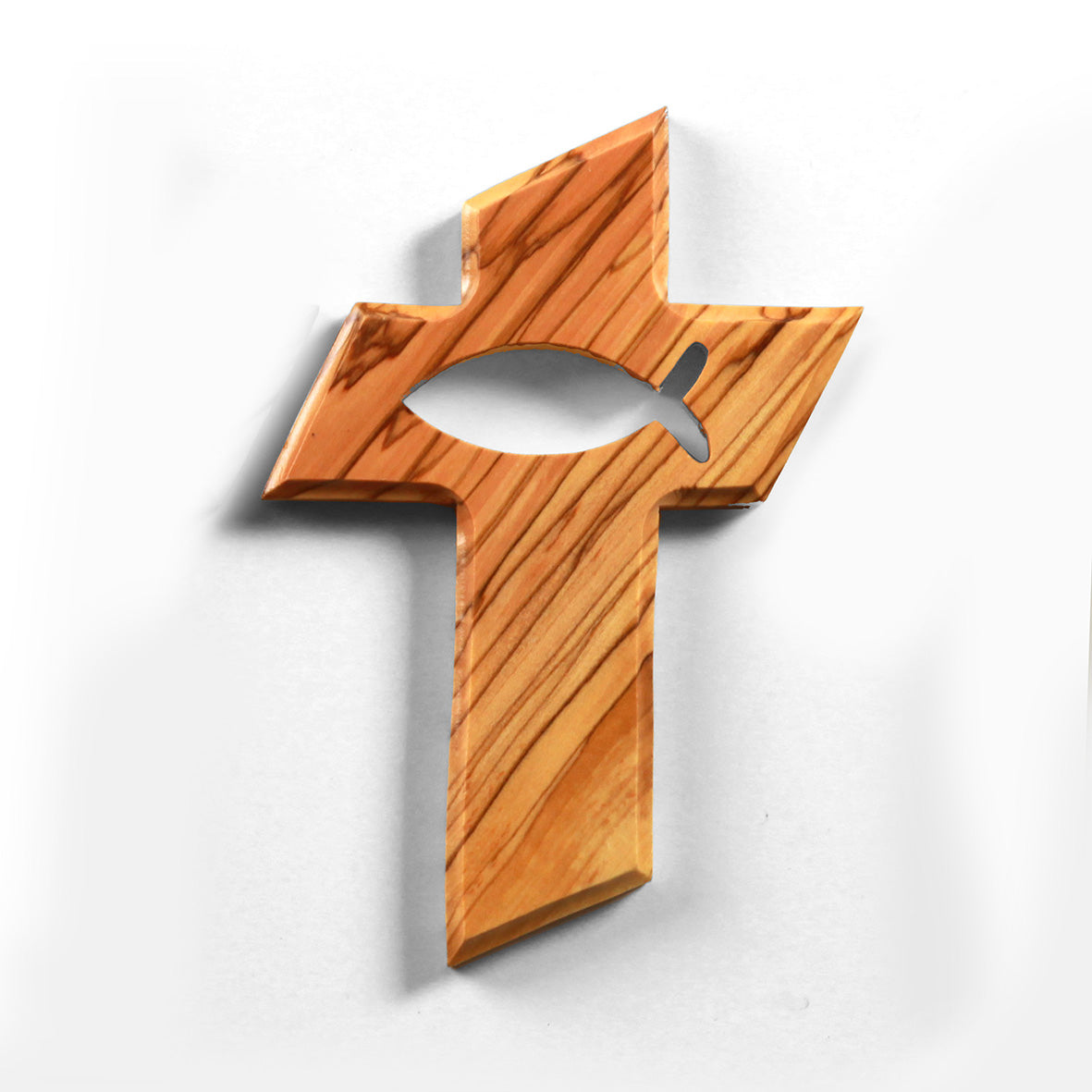 Olive Wood Cross with Fish (13 cm) | Wall Cross as a Gift for a Baptism, First Communion, or Birth