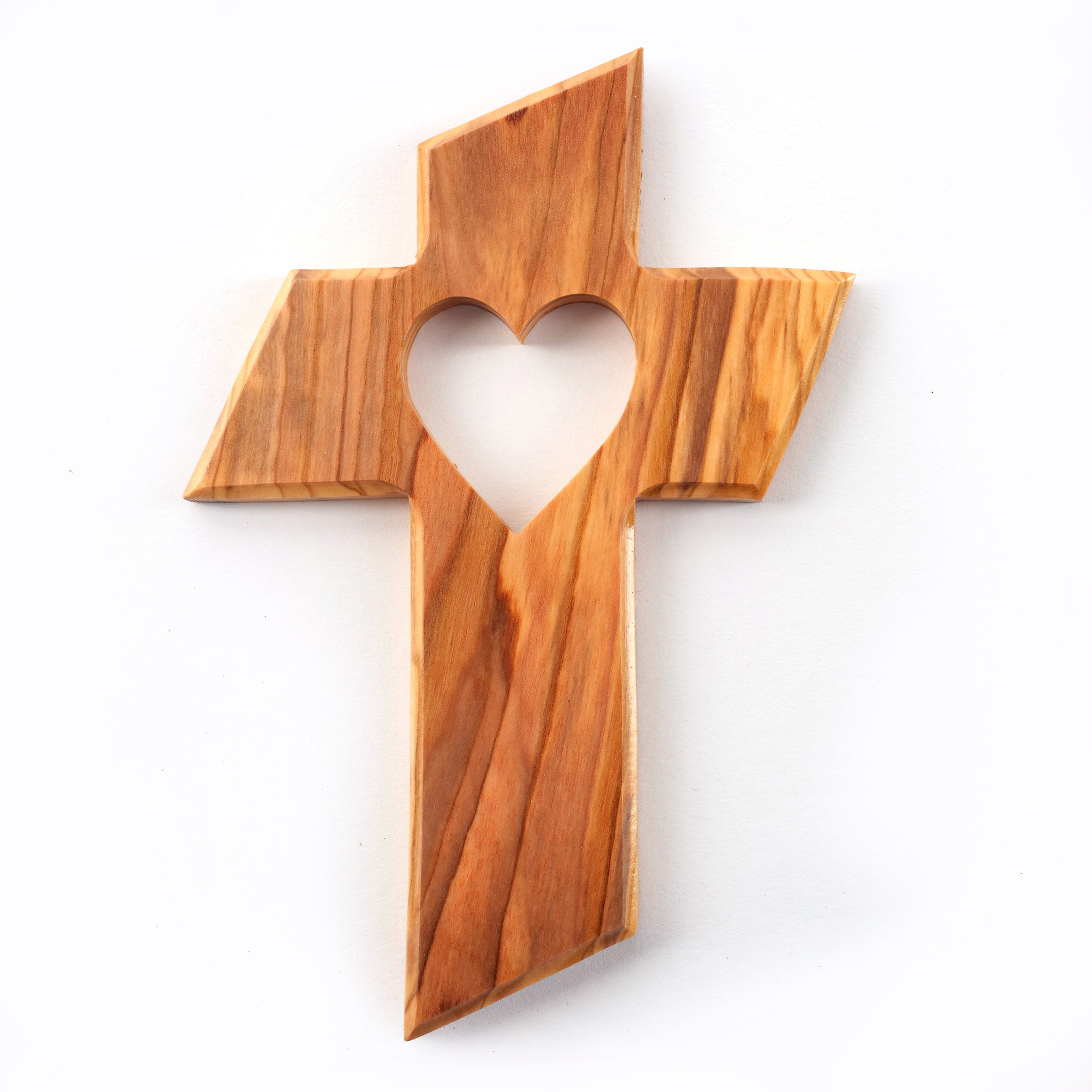 Olive Wood Cross with Heart (13 cm) | Wall Cross as a Gift for a Baptism, First Communion, or