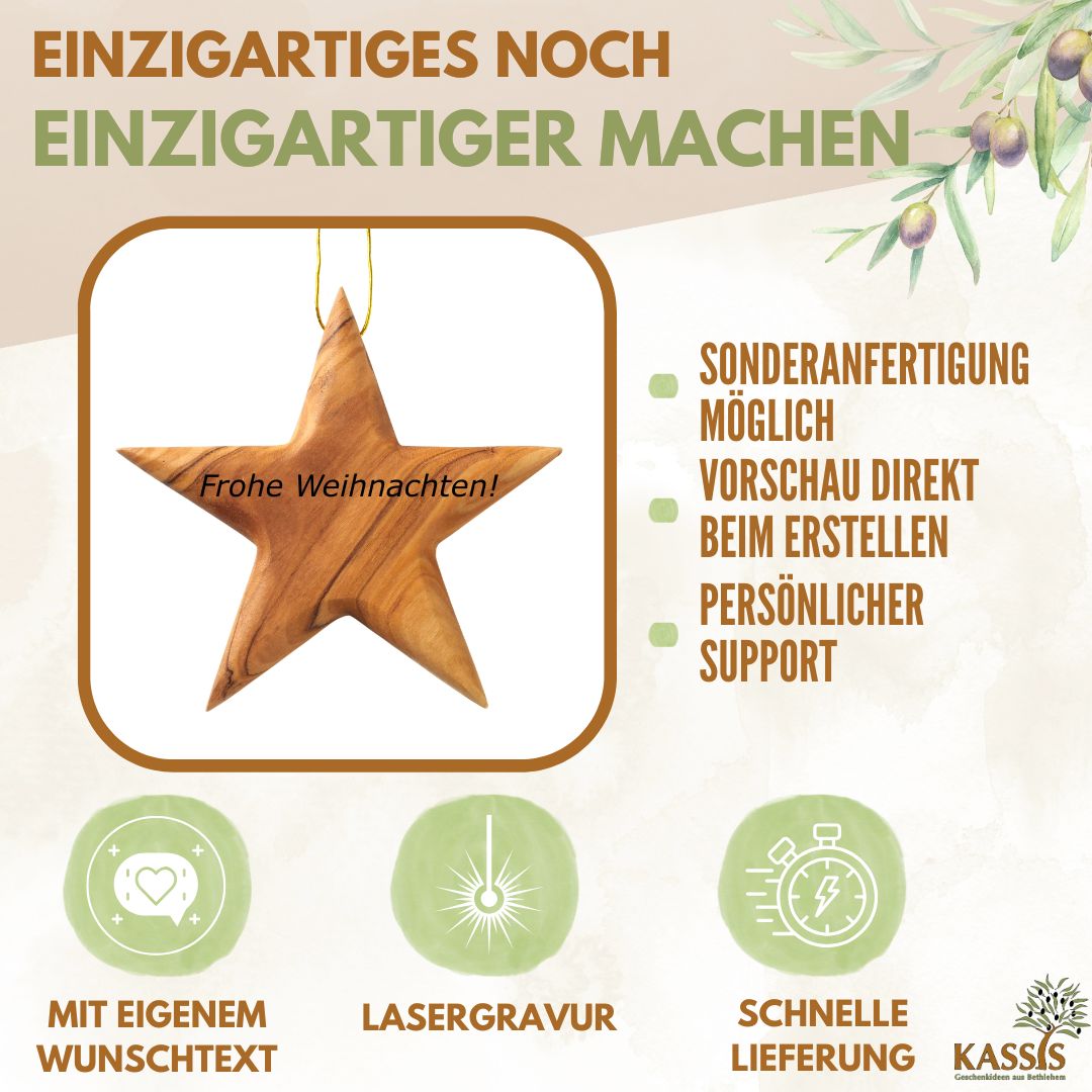 Personalized Olive Wood Star Pendant with Engraving, 8 cm | Tree Ornaments & Christmas Decorations