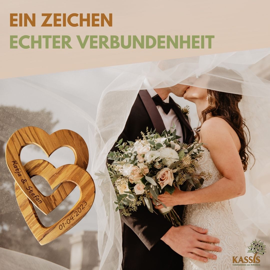 Personalized Interlocking Hearts Made of Olive Wood, 15 cm, with Engraving | Gift for a Wedding, Valentine's Day, or Anniversary